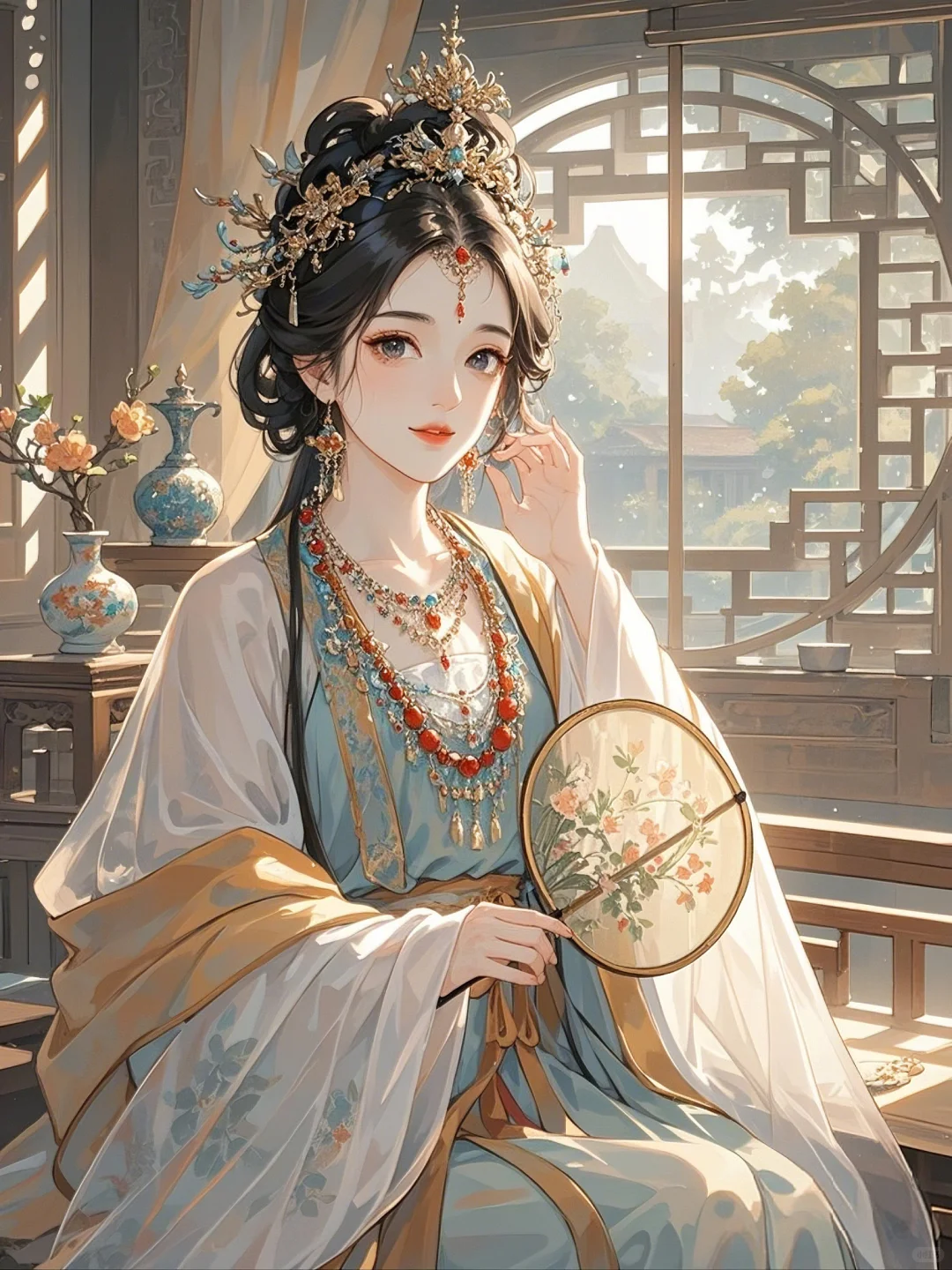 团扇闲持临绮窗，静看云影过宫墙