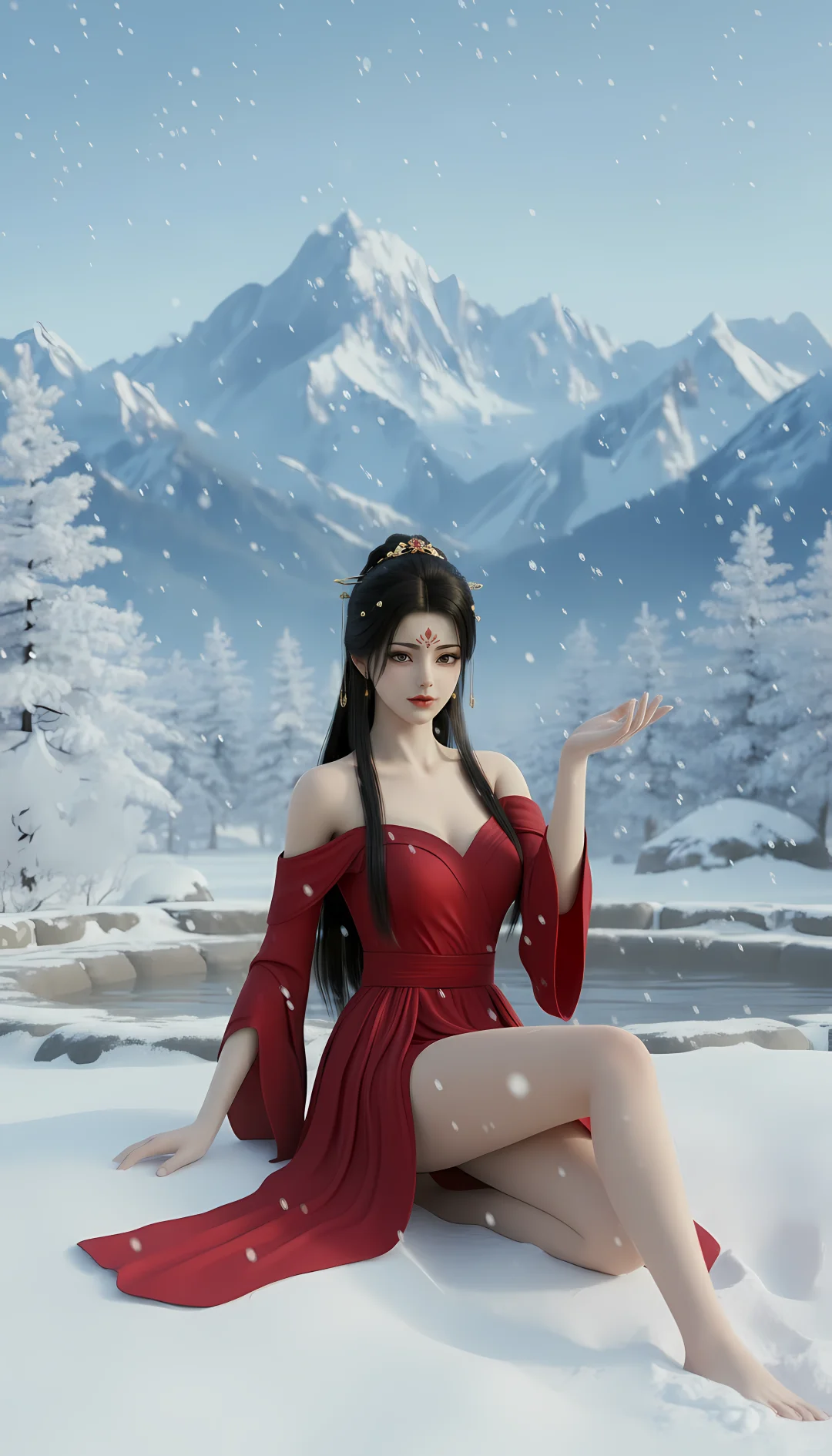 红衣美女雪中温泉