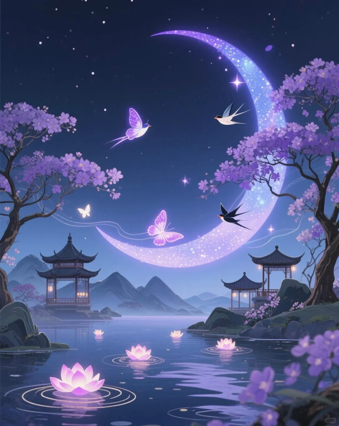 锦城湖上，月明花影。