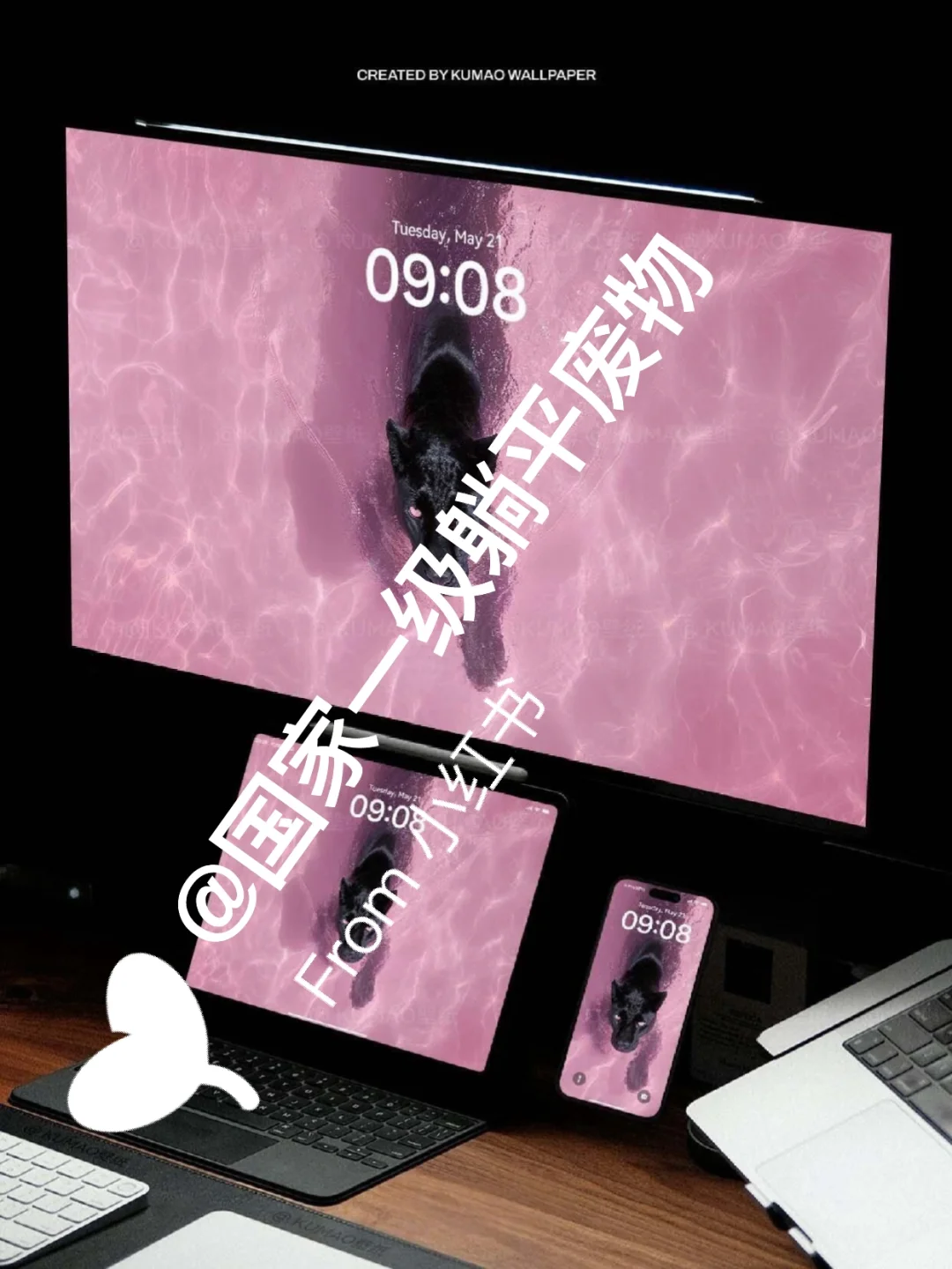 粉波豹影｜梦幻粉水中的甜野黑豹动物壁纸
