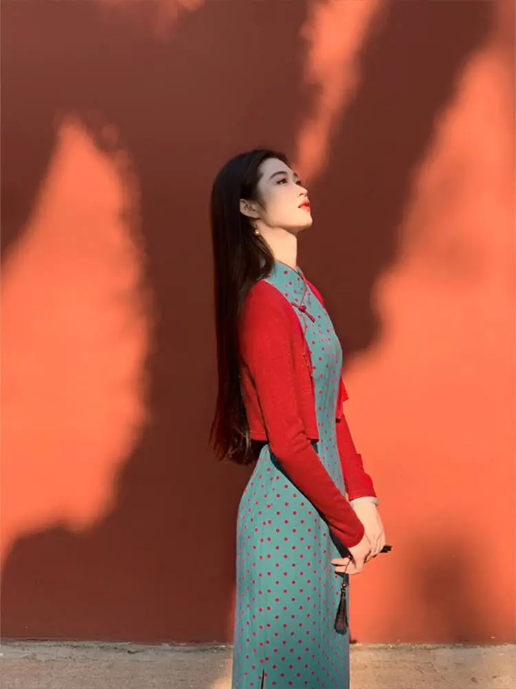 新中式波点旗袍✨蓝绿绝美