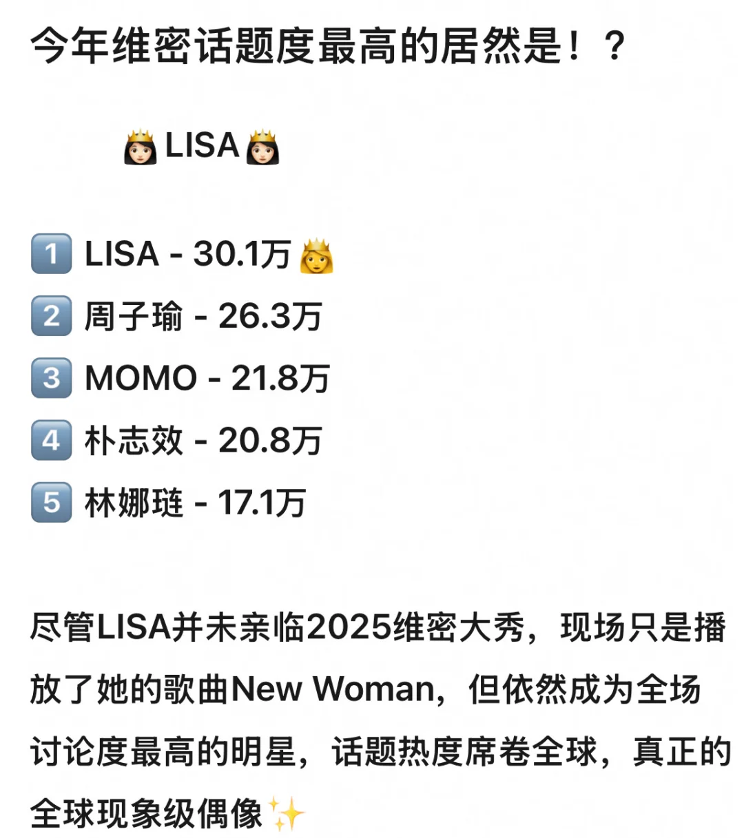 今年维密话题度最高的竟然是去年去的lisa