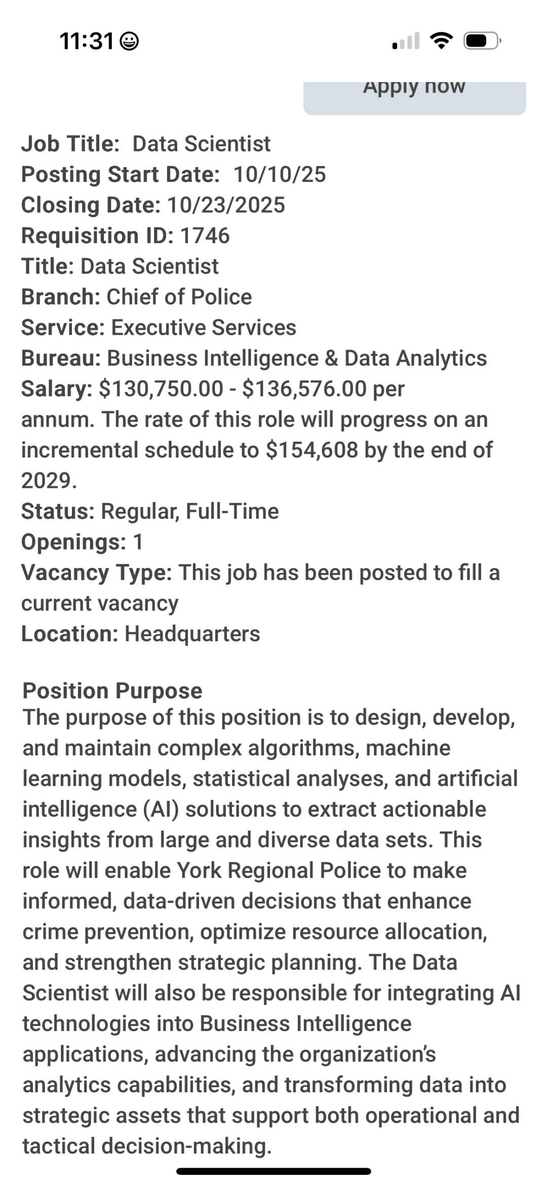 🇨🇦约克警局data scientist 工作