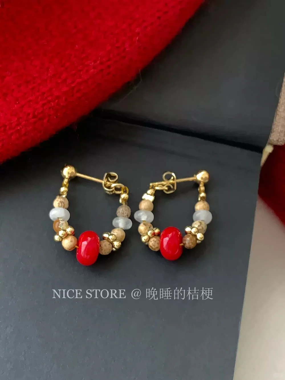 「嫣觅」小众串珠红色甜甜圈耳环新中🎁