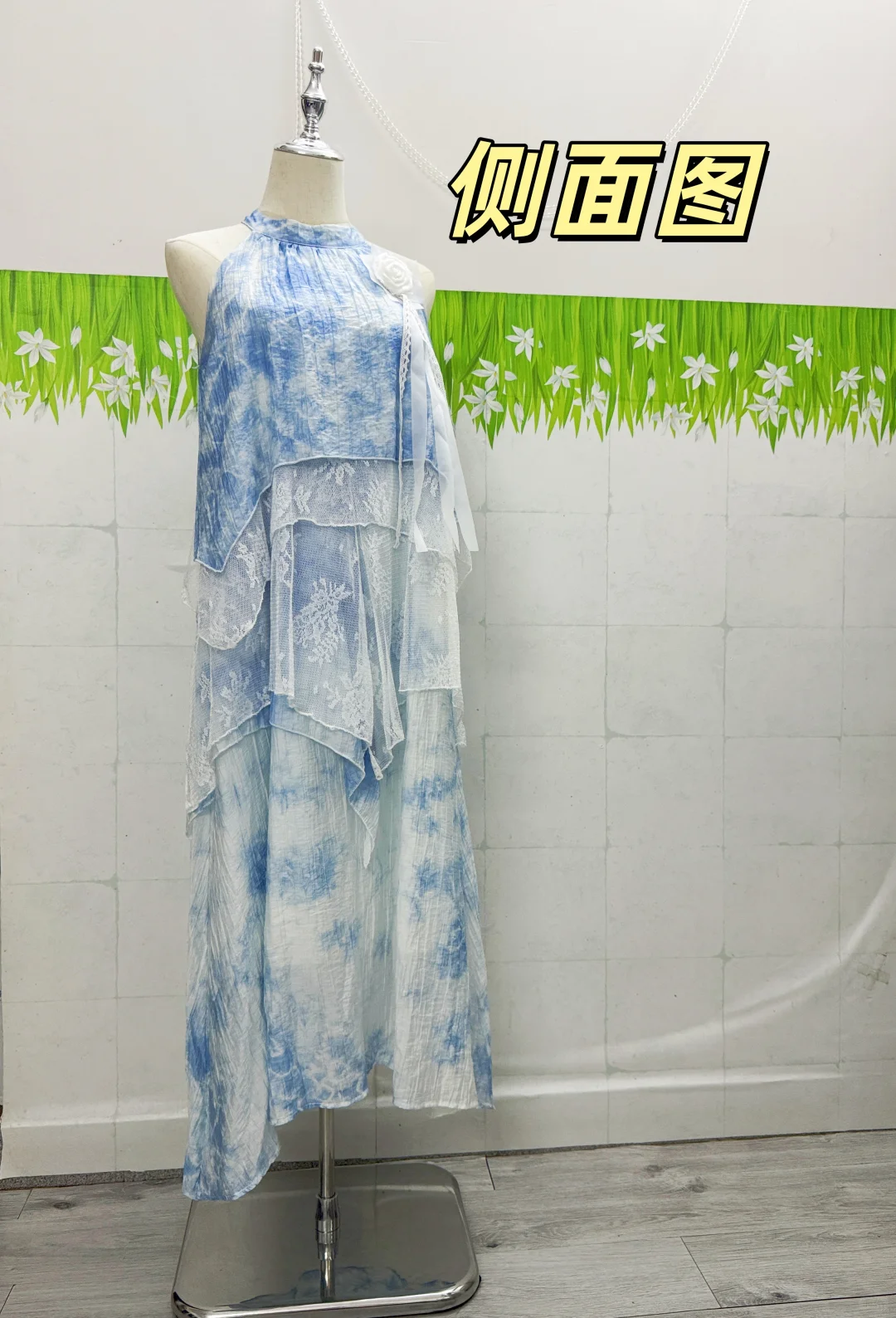 纯手工植物染系列-蕾丝拼接挂脖连衣裙