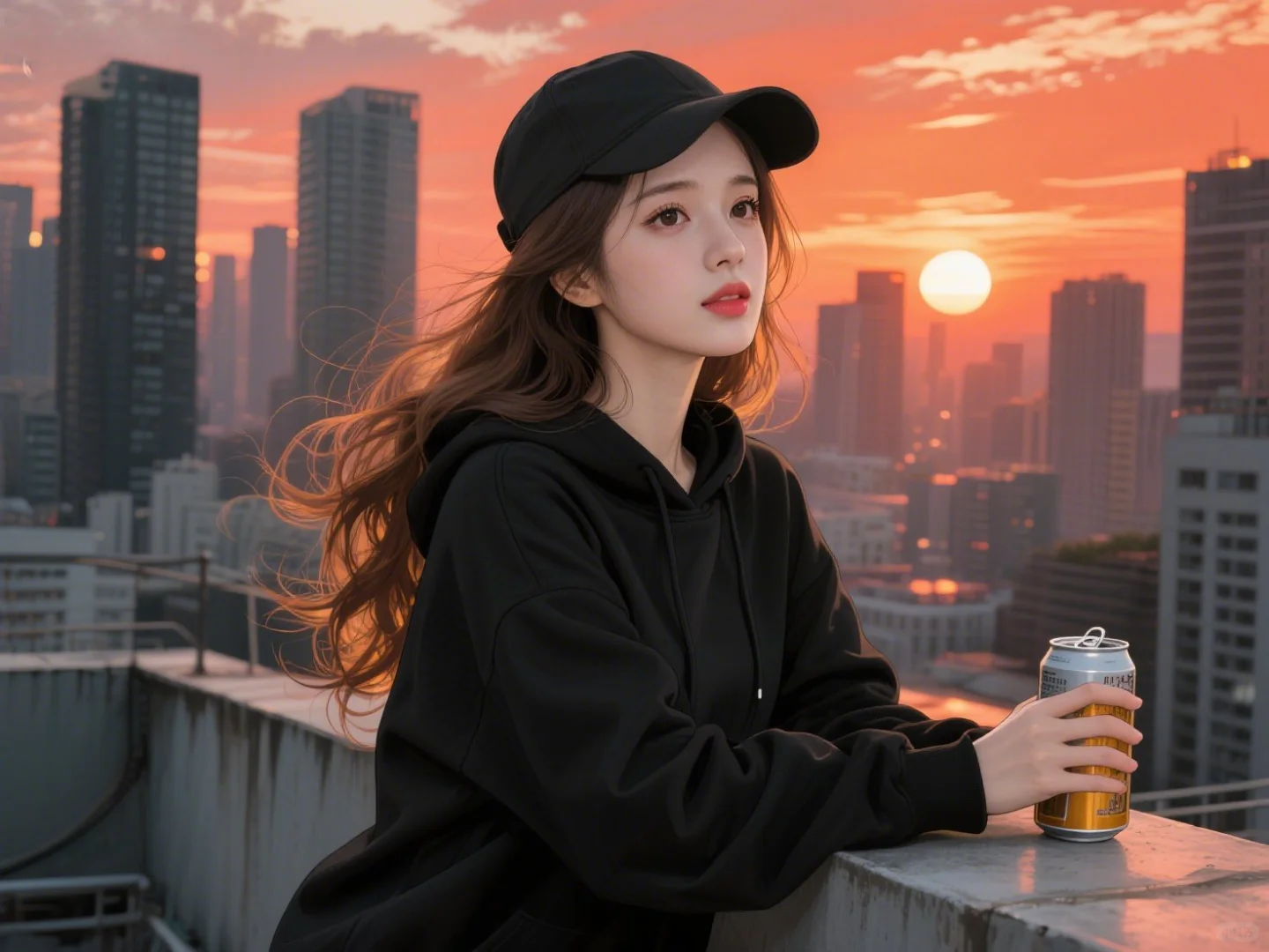 创意图片｜夕阳下的城市风光和美女，色彩感
