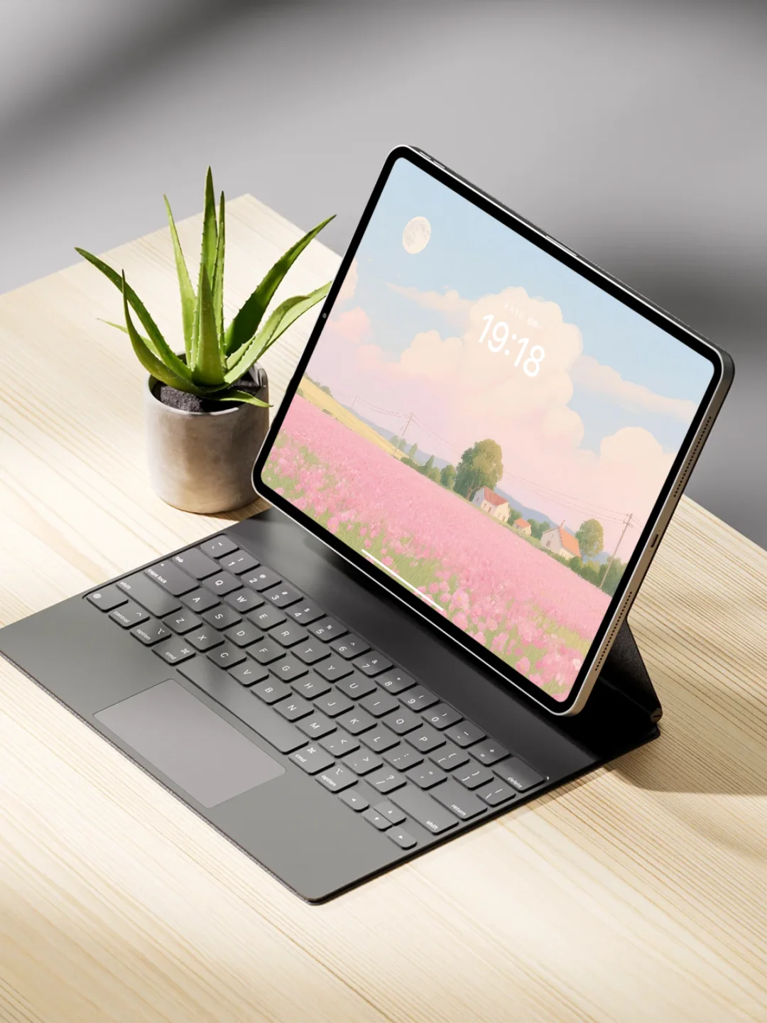 圆月照耀粉色花田|ipad壁纸