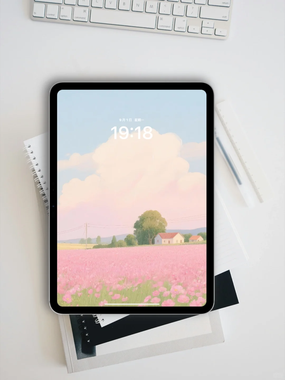 圆月照耀粉色花田|ipad壁纸