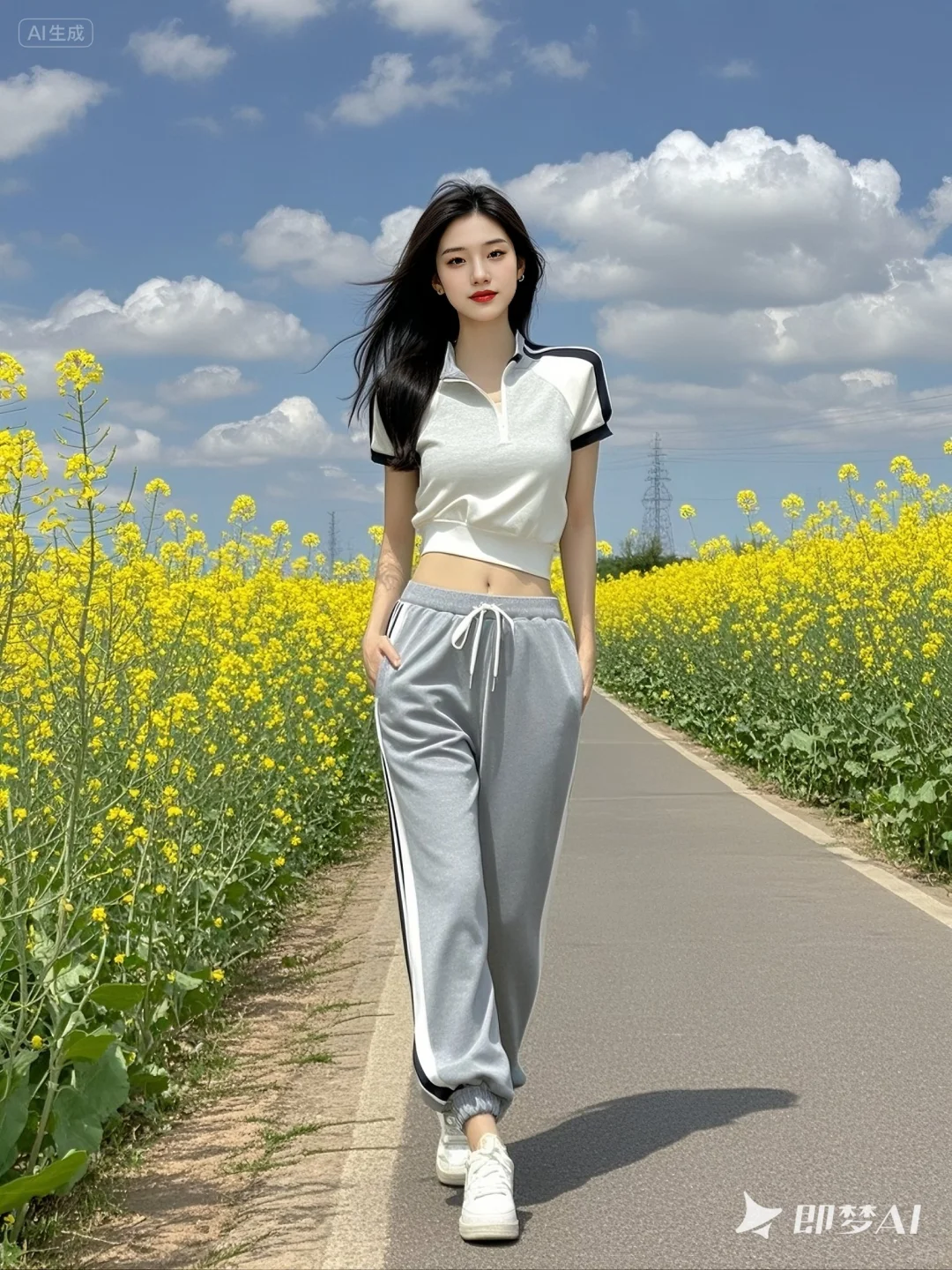 油菜花田里的运动风小姐姐
