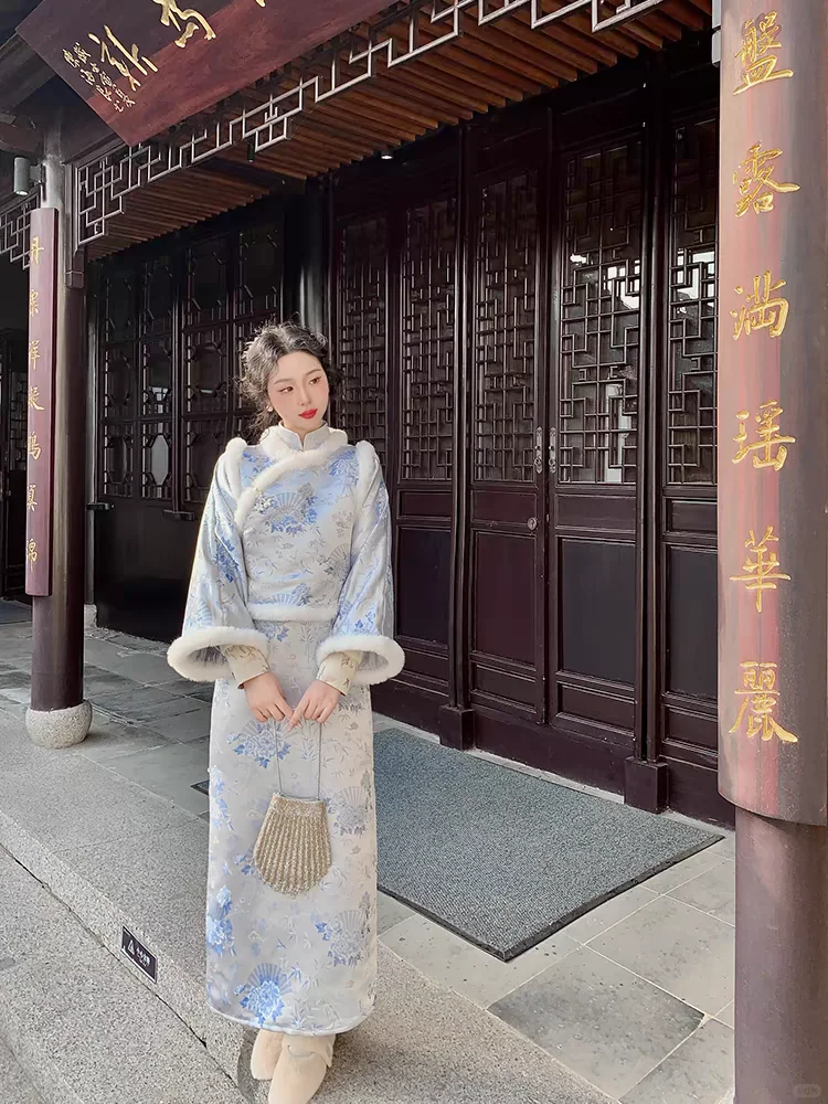 高领加绒曳地长款旗袍高个子连衣裙