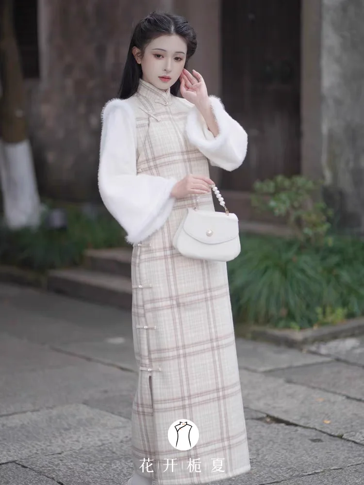 高领加绒曳地长款旗袍高个子连衣裙