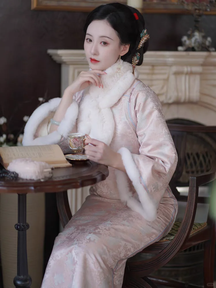 高领加绒曳地长款旗袍高个子连衣裙