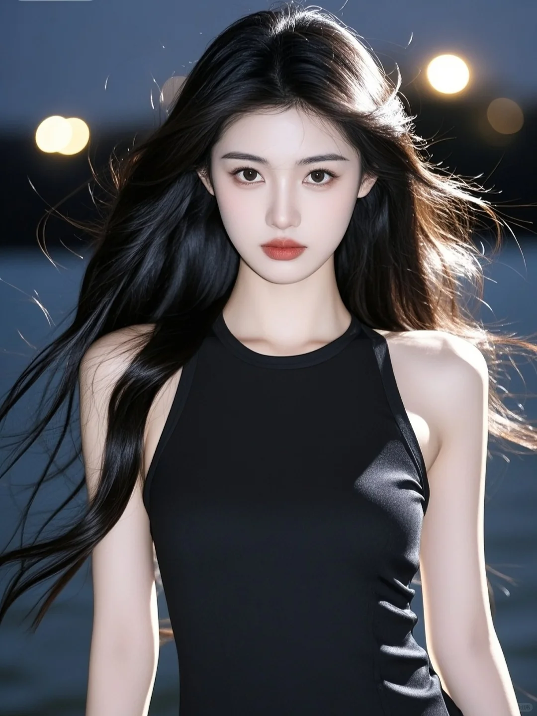 被海风美晕的黑长直，好绝的气质型美女！