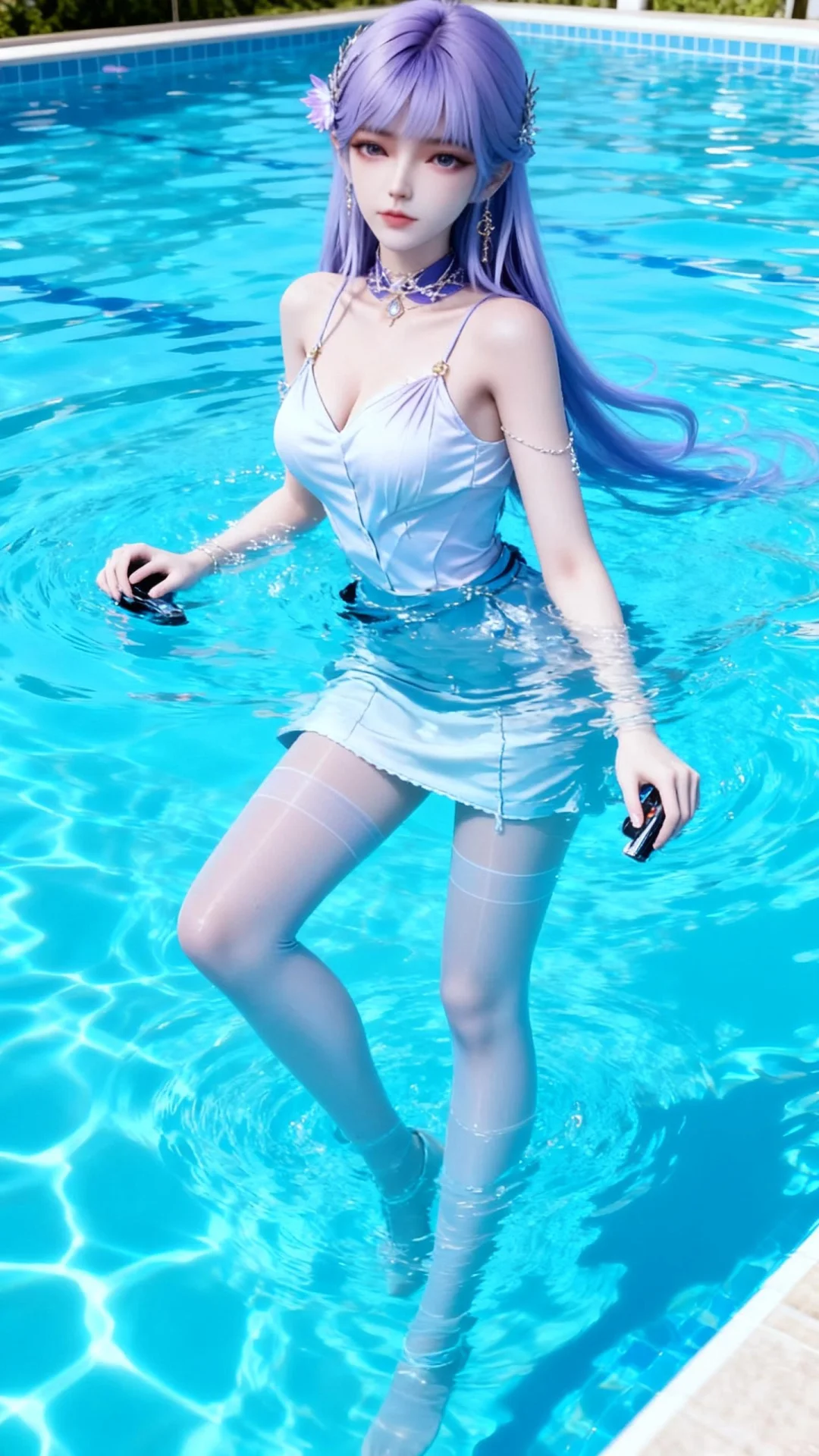 游泳池里发光的紫发女孩🥰