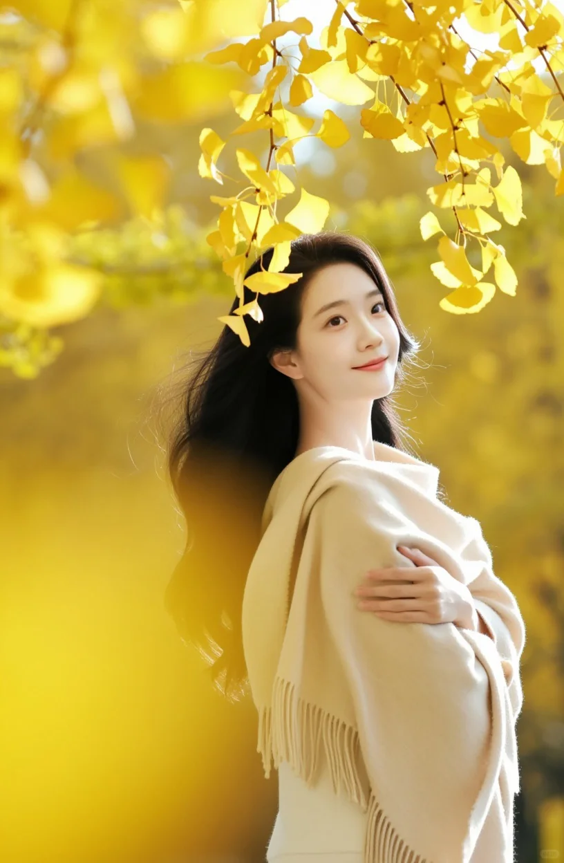 鉴赏:秋季美女银杏叶写真