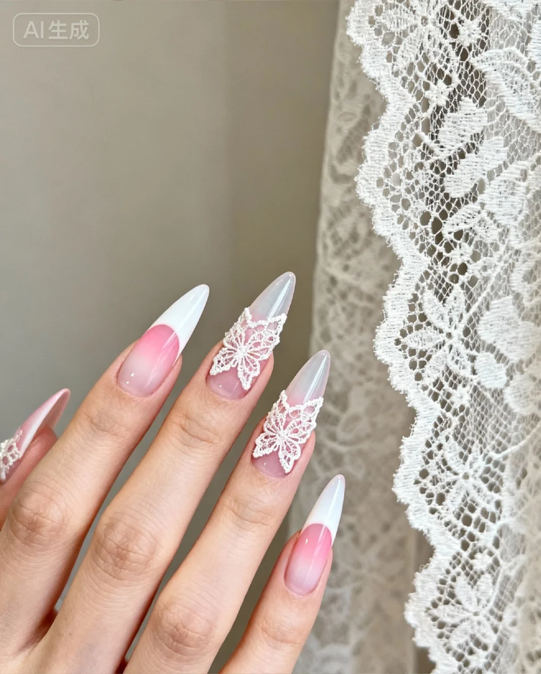 把蕾丝裙焊在指甲上了!这粉白渐变直接嫩成