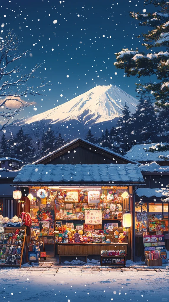 高清壁纸｜富士山下雪景商铺