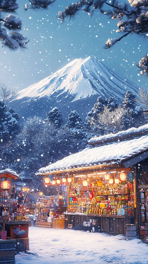 高清壁纸｜富士山下雪景商铺