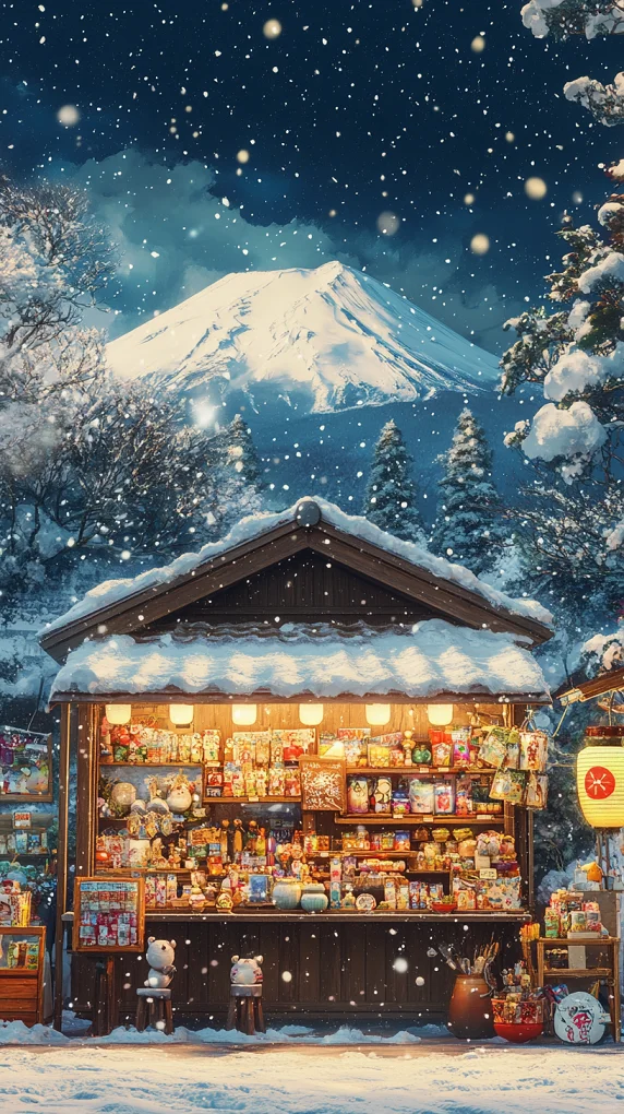高清壁纸｜富士山下雪景商铺