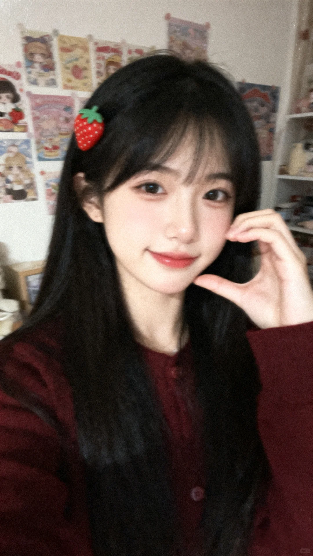 🌿复古DV风｜黑长直草莓发卡少女的元气