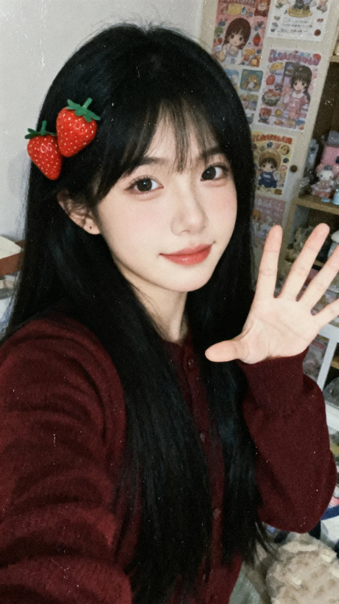 🌿复古DV风｜黑长直草莓发卡少女的元气