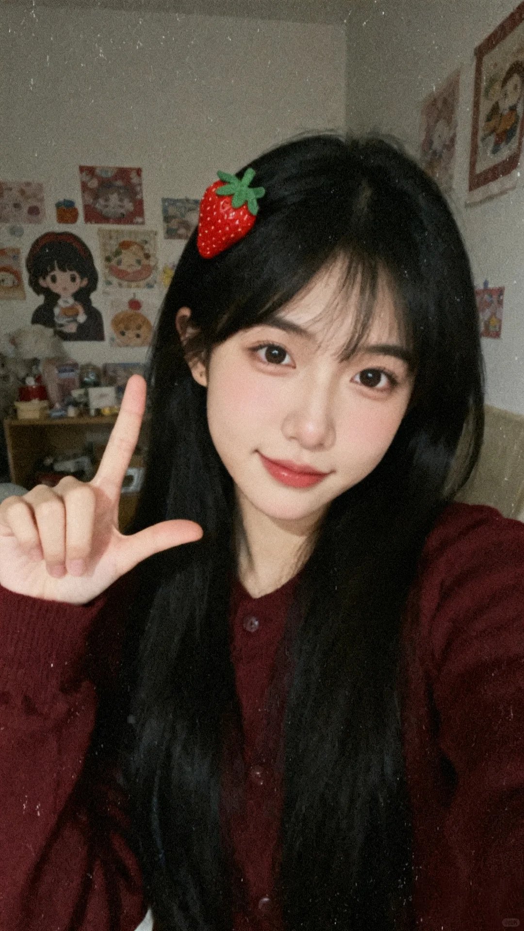 🌿复古DV风｜黑长直草莓发卡少女的元气