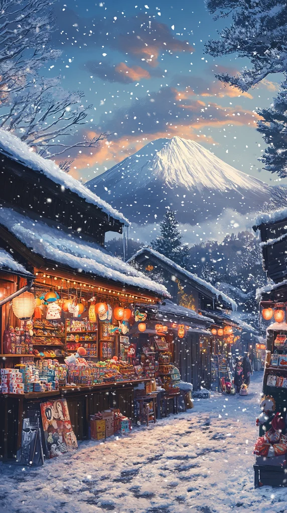 高清壁纸｜富士山下雪景商铺
