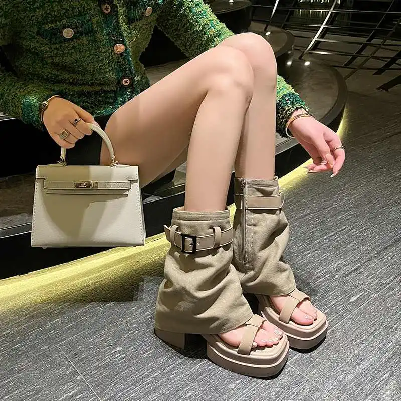 两穿高筒靴露趾粗跟高跟凉鞋女2025新款