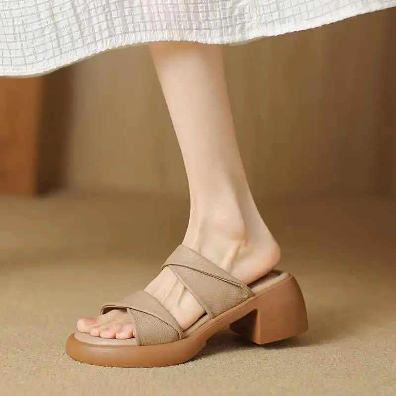 牛皮版~法式厚底粗跟一字凉拖鞋女外穿20