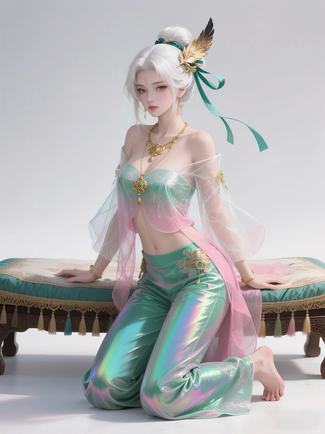 虹裳霞帔步摇冠，钿璎累累佩珊珊