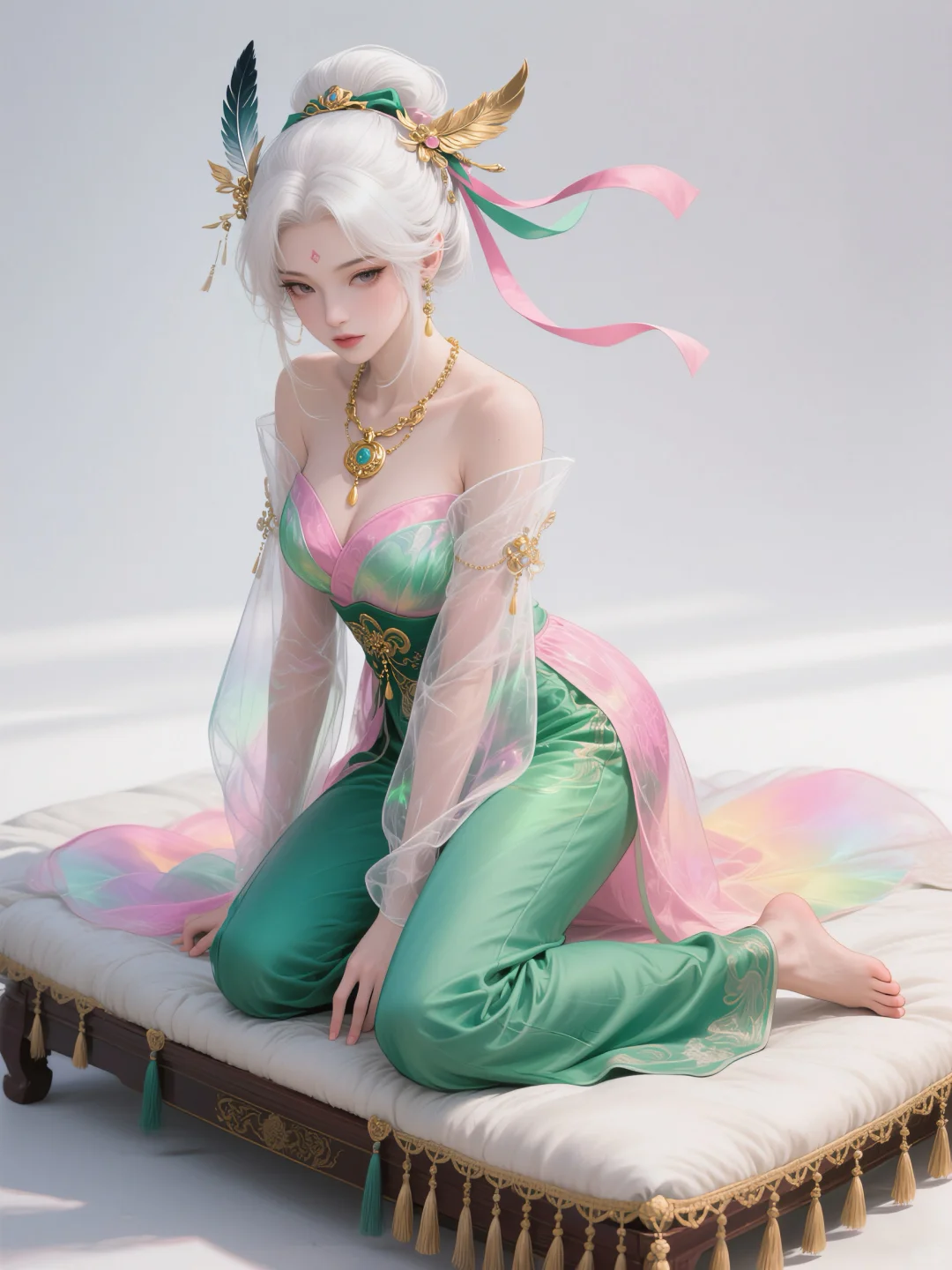 虹裳霞帔步摇冠，钿璎累累佩珊珊