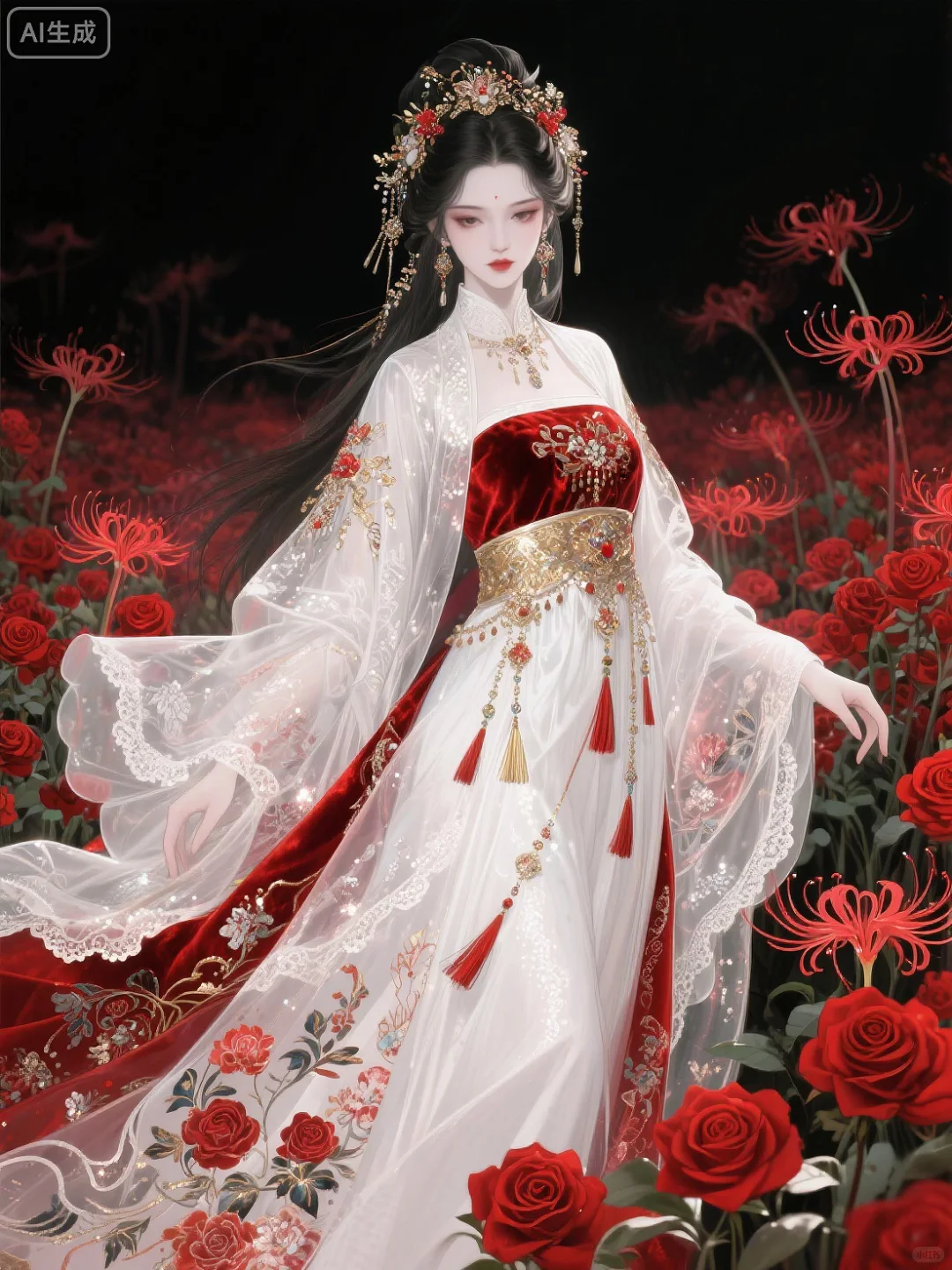 古风冷艳美人｜红白花海间的暗黑仙姿🌹