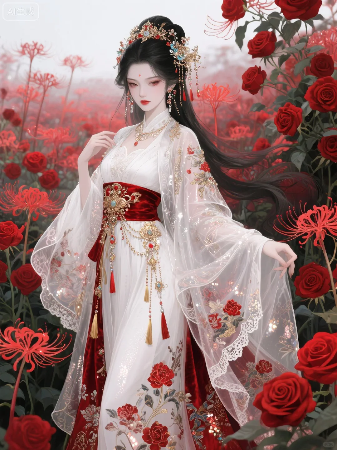 古风冷艳美人｜红白花海间的暗黑仙姿🌹