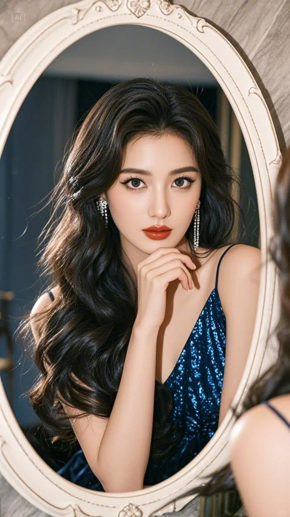 烈焰红唇大美女镜中的自己