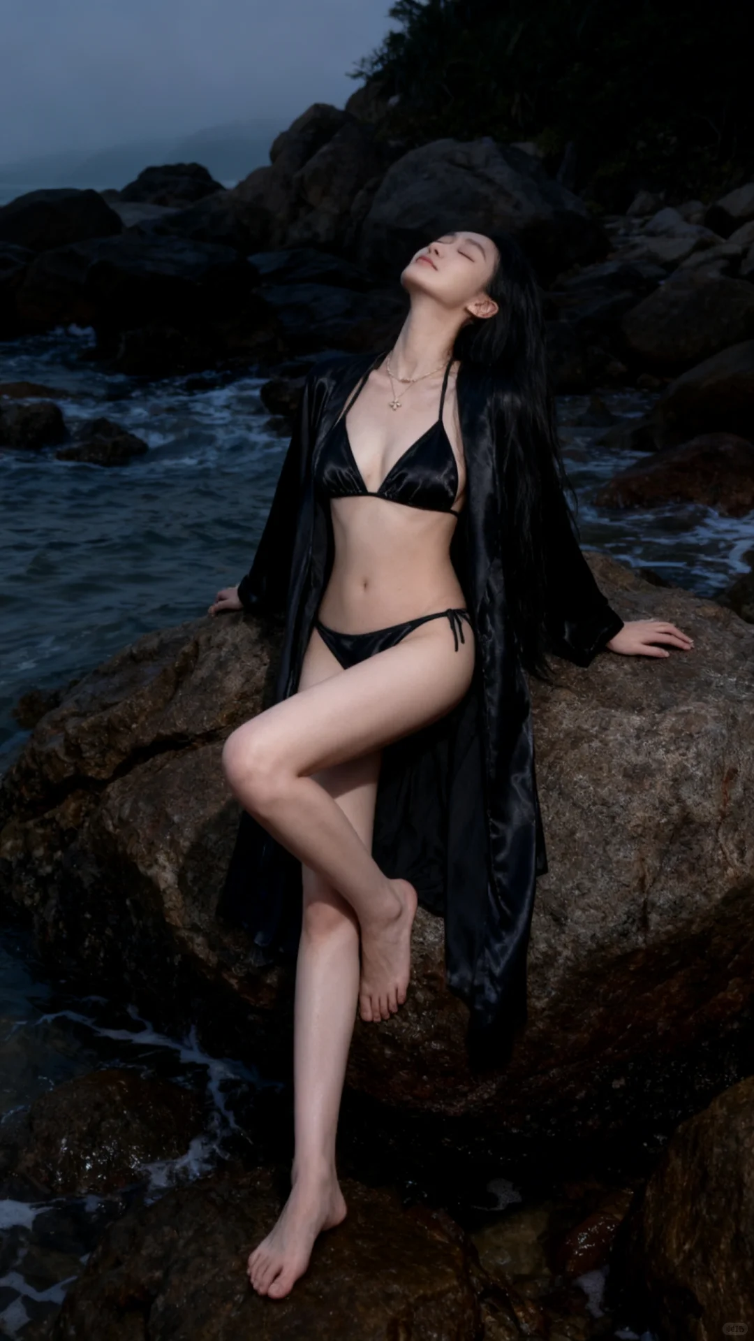 🌊海边礁石氛围感写真｜黑丝缎的冷艳美学