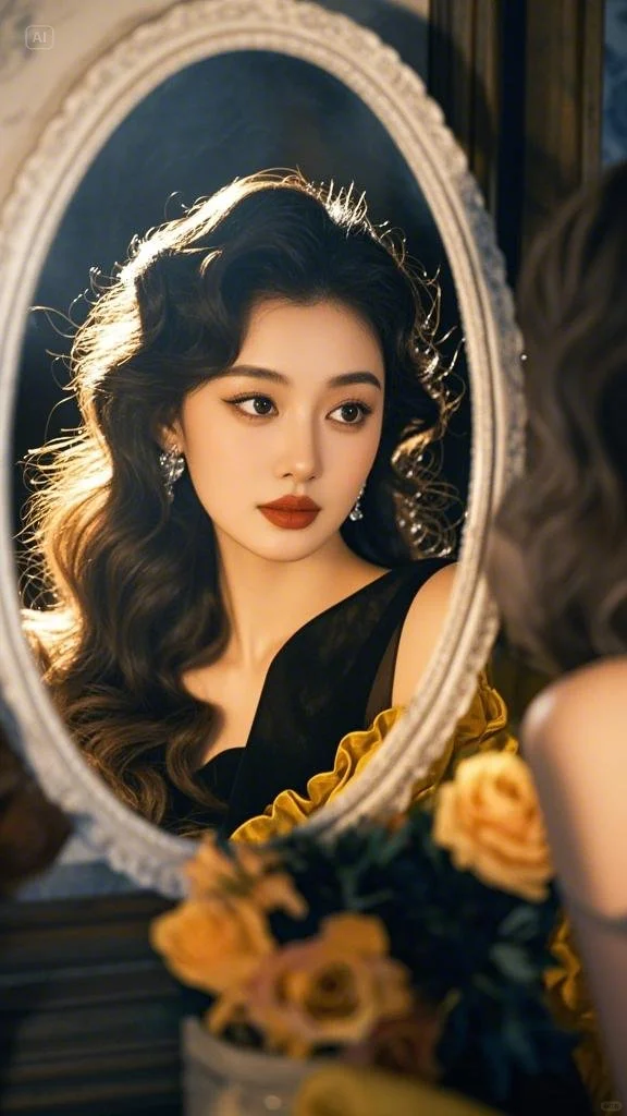 烈焰红唇大美女镜中的自己