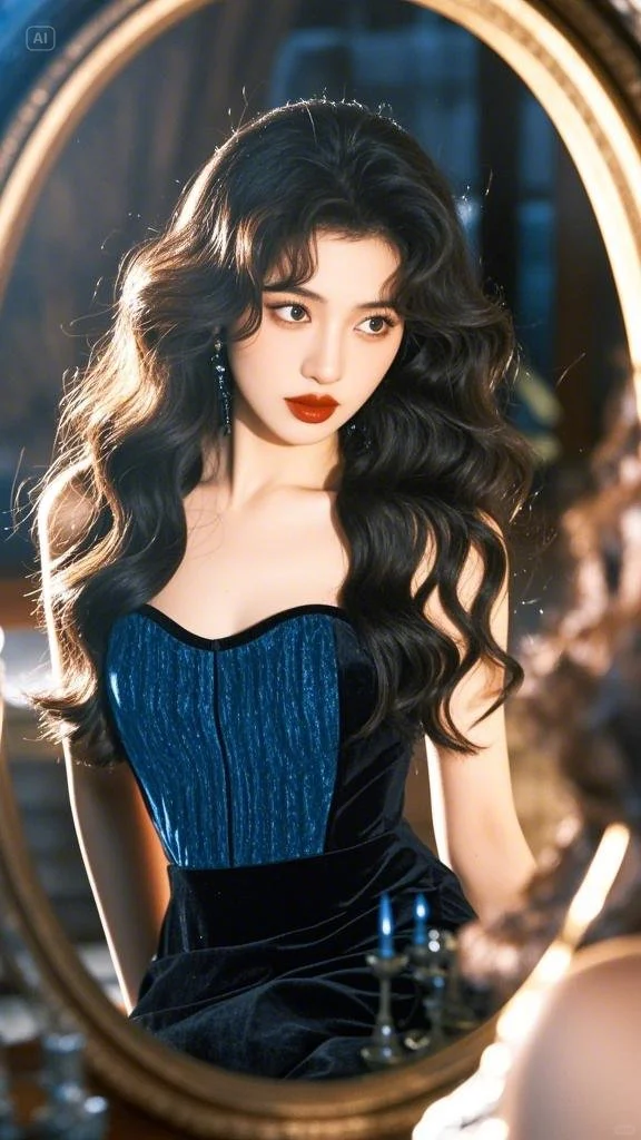 烈焰红唇大美女镜中的自己