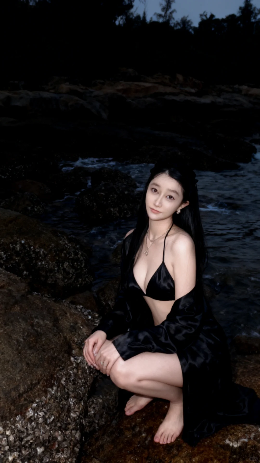 🌊海边礁石氛围感写真｜黑丝缎的冷艳美学