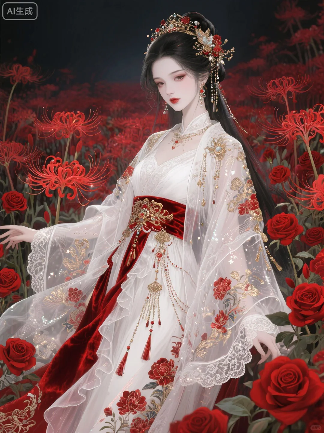 古风冷艳美人｜红白花海间的暗黑仙姿🌹