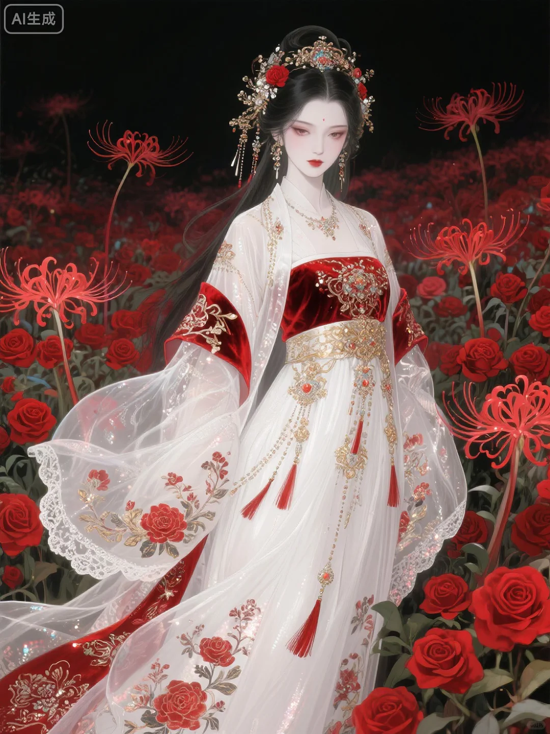 古风冷艳美人｜红白花海间的暗黑仙姿🌹