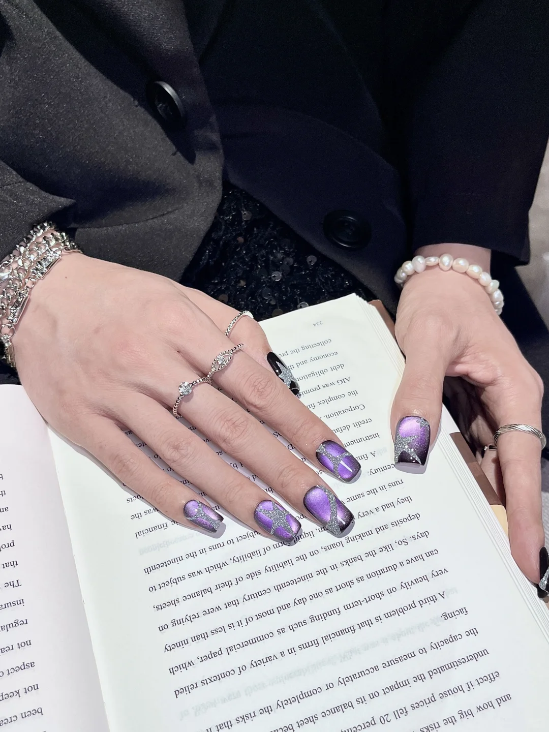 秋冬显白｜黑加仑紫猫眼·碎钻爆闪穿戴甲