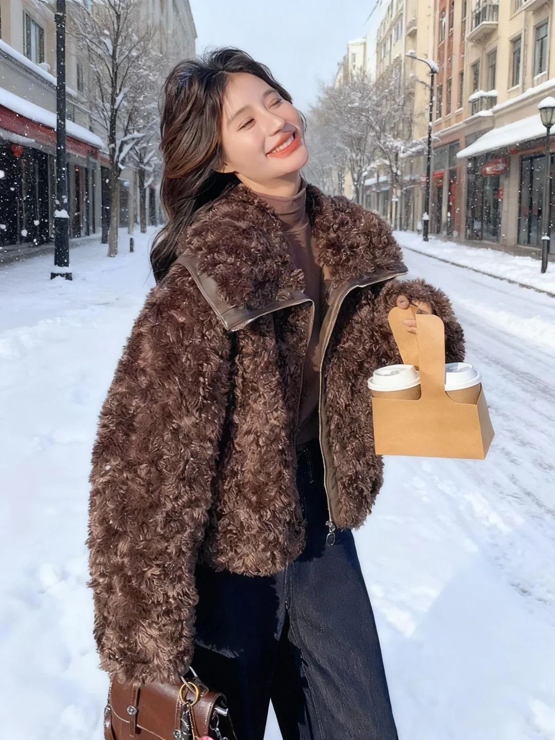咖色羊羔毛外套｜雪天复古暖妹氛围感拉满