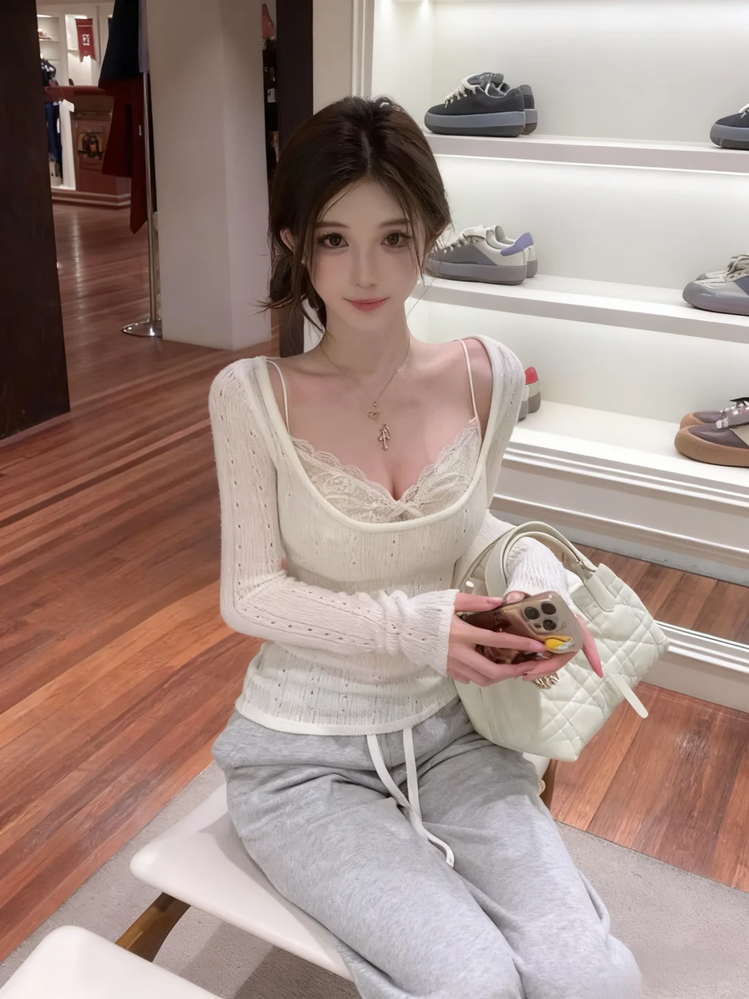 纯欲风穿搭，镂空罩衫+蕾丝吊带+灰色休闲裤