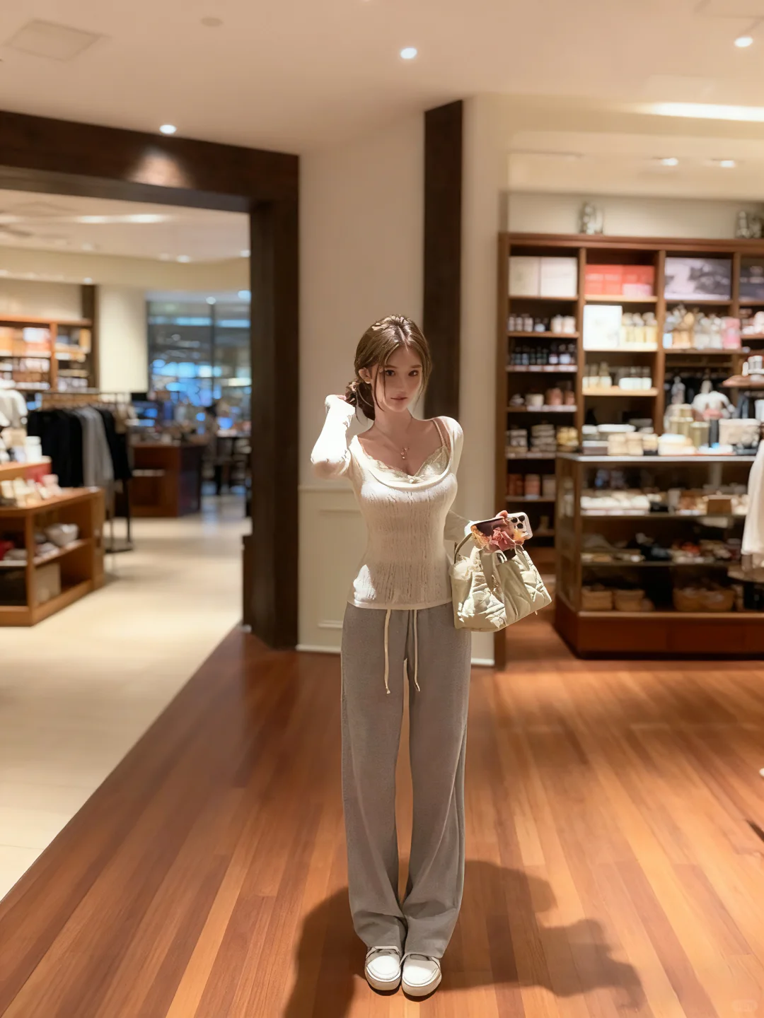 纯欲风穿搭，镂空罩衫+蕾丝吊带+灰色休闲裤