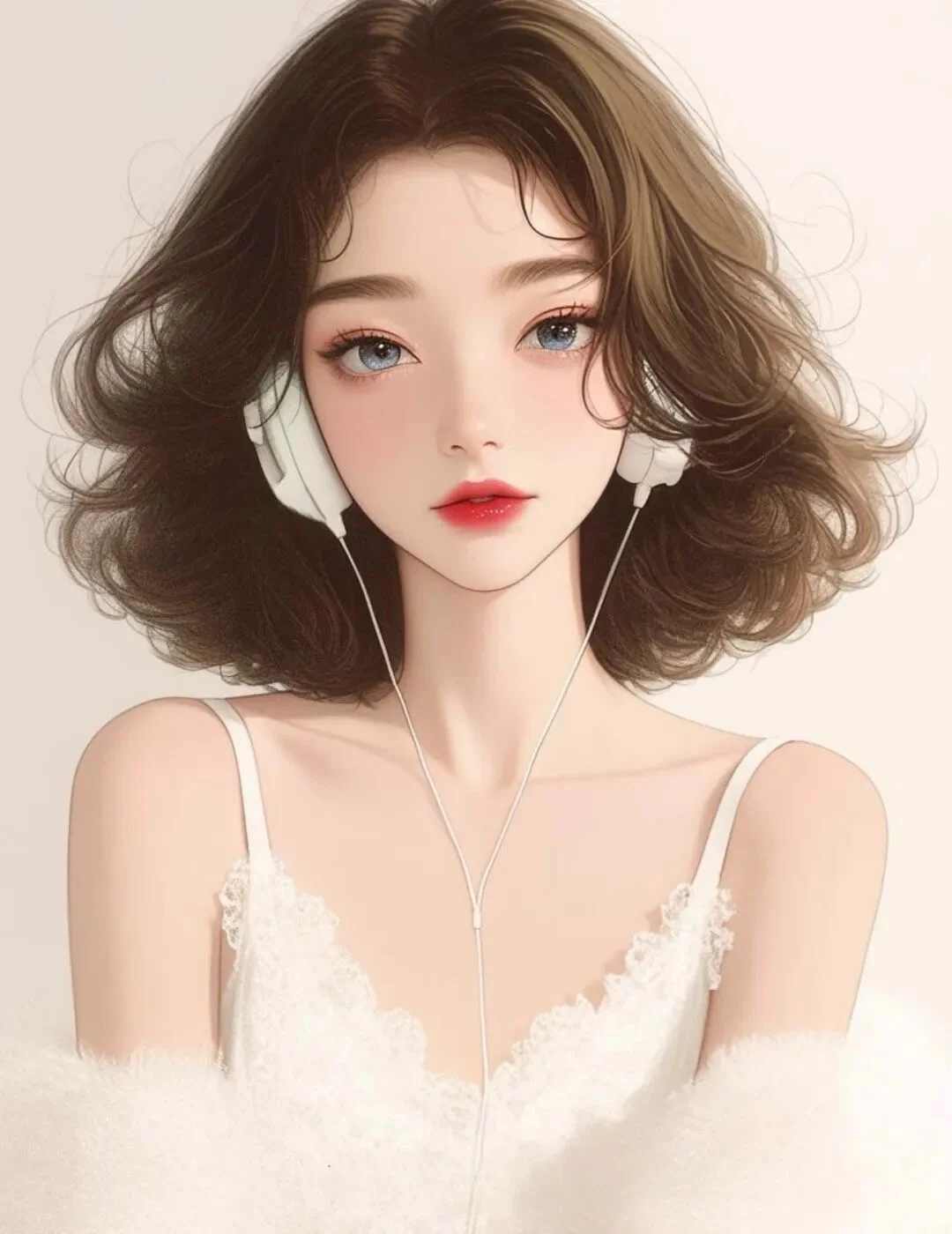 超可爱短发女生头像，戴耳机白色系唯美卡通