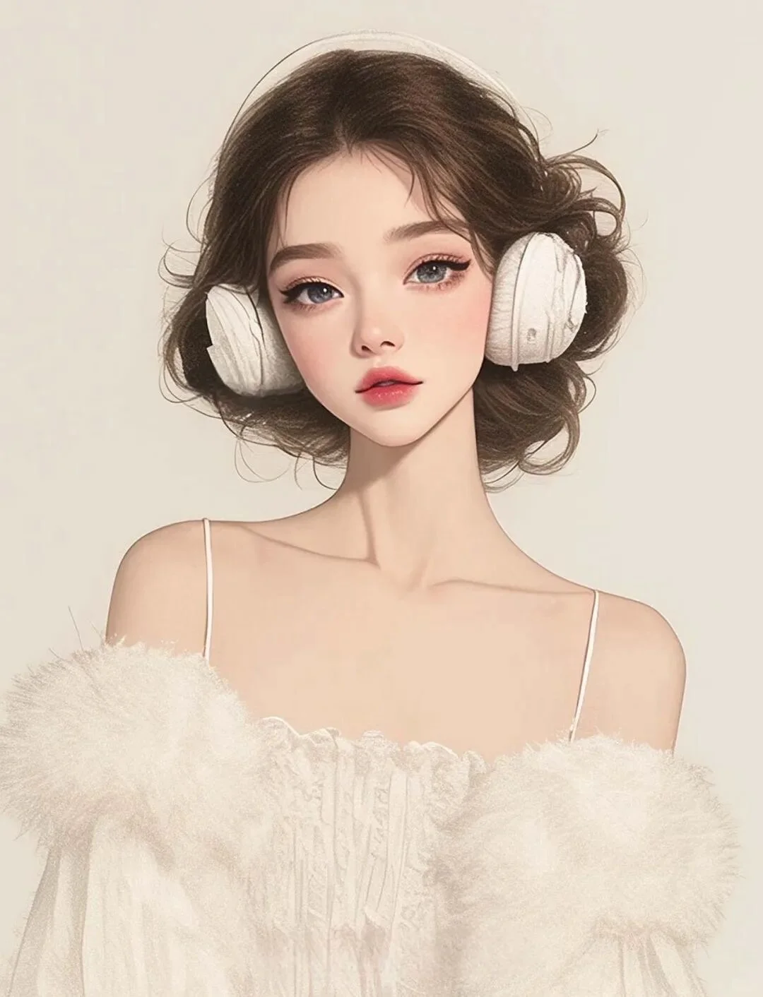 超可爱短发女生头像，戴耳机白色系唯美卡通