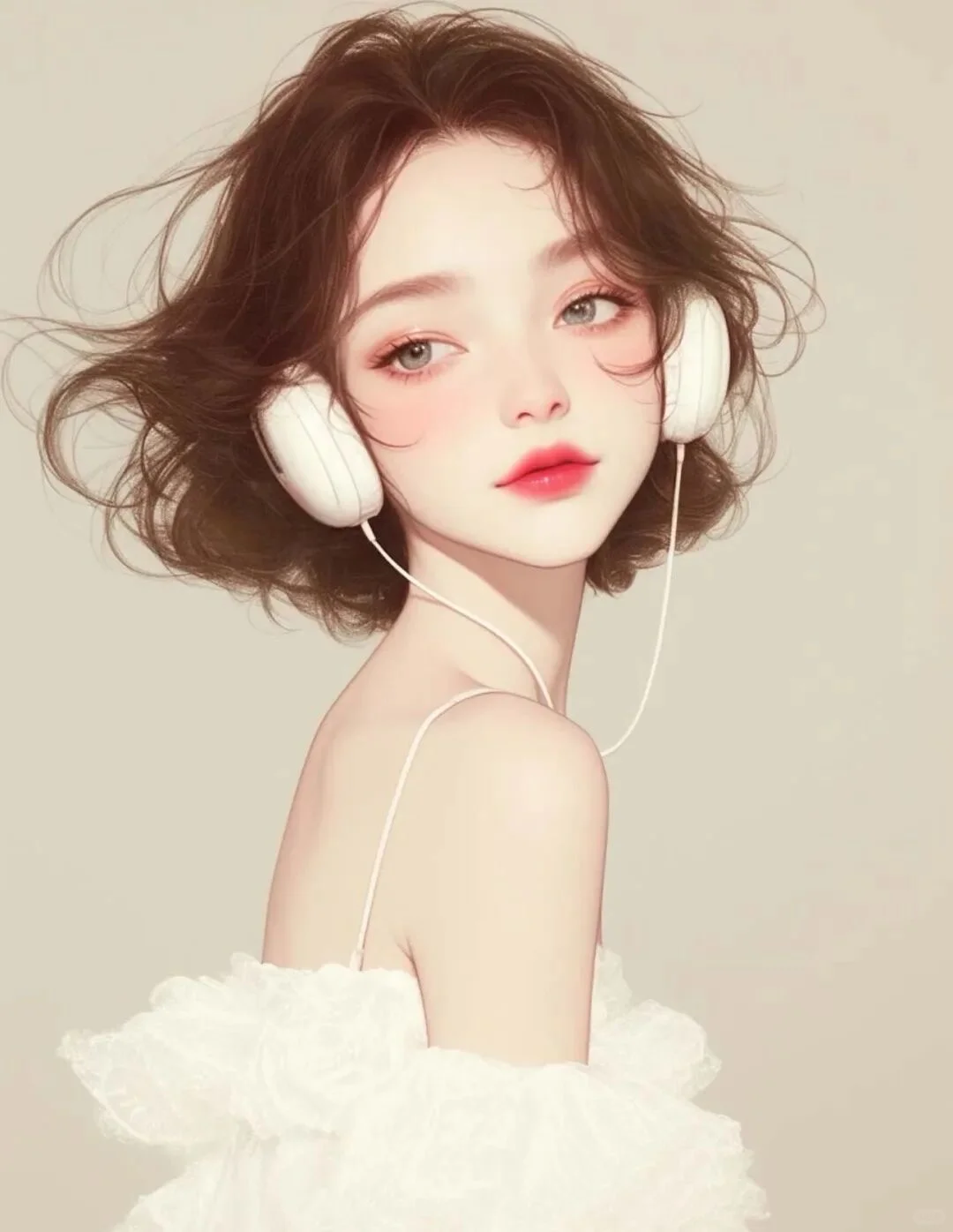 超可爱短发女生头像，戴耳机白色系唯美卡通