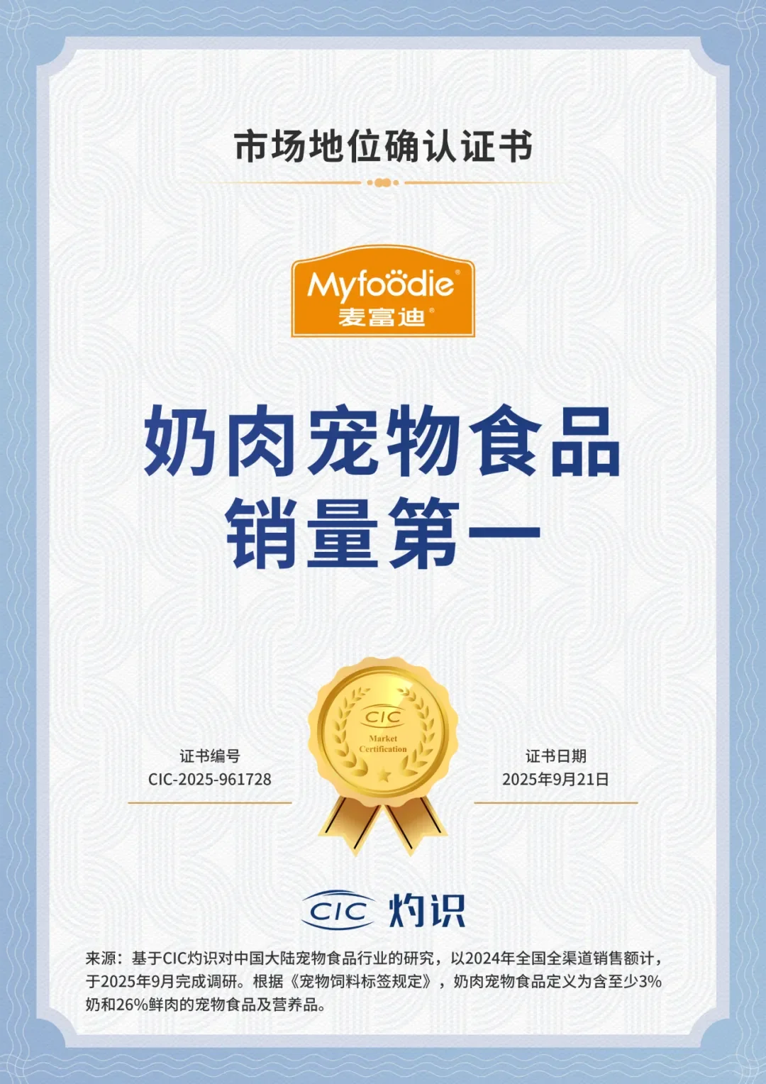 麦富迪，荣获CIC灼识市场地位确认证书🏆