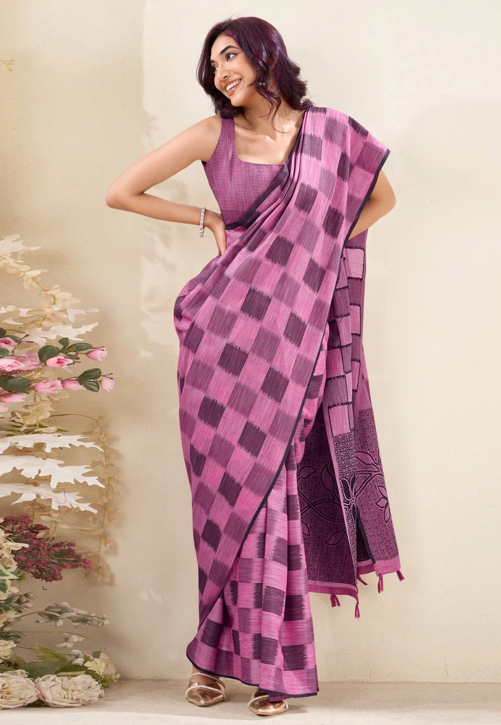 格子纹印度纱丽