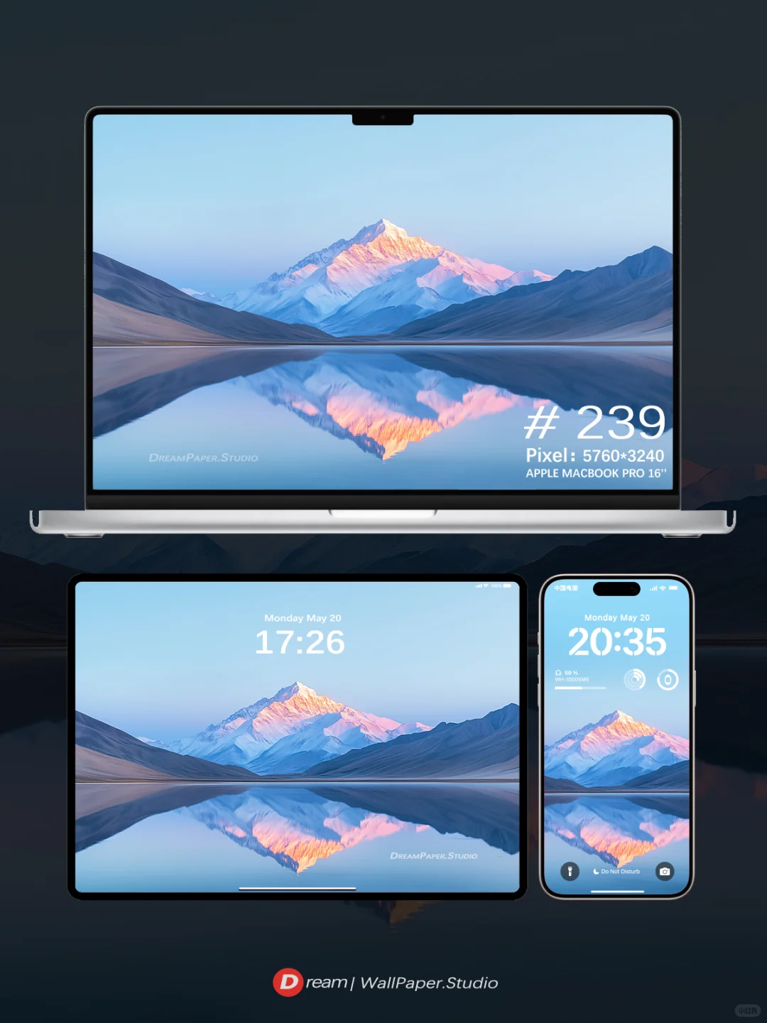 Dream壁纸/“冰蓝色的雪山被晨光染成粉色”
